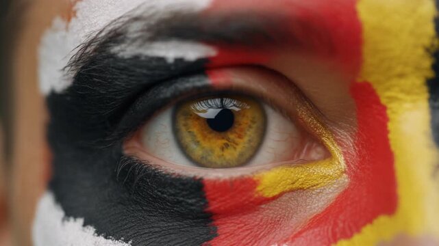 Extreme macro photorealistic footage of a fictional adult male football supporter's eye, rich amber iris with German flag face paint