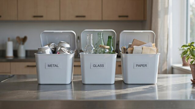 Recycling Bins Labeled Metal, Glass, and Paper, Arranged on a Kitchen Counter Featuring Waste, Sorting