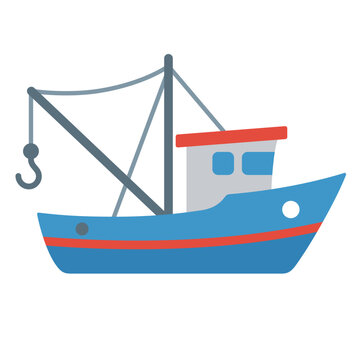 Commercial fishing boat vessel with crane hook icon flat vector illustration