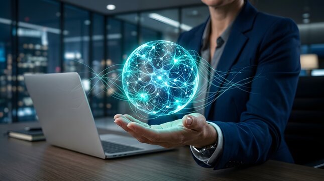 Business professional holding a glowing digital earth hologram at a desk with business hologram technology networking communication