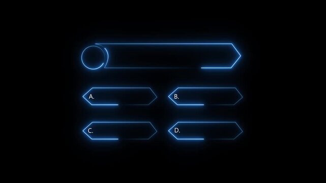 Abstract quiz template with blank question and four options for multiple choice answers, blue neon light glowing lines animated on black background, full hd footage.