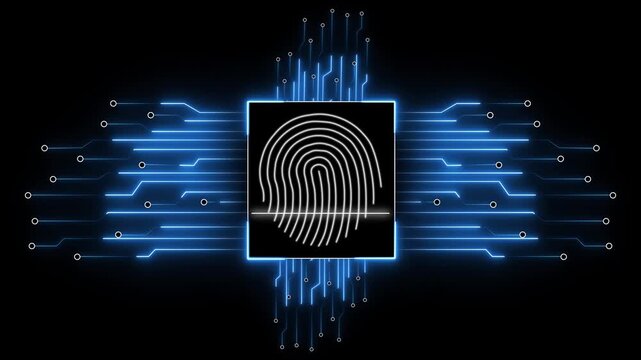 Biometric scanning technology scanning human fingerprint for security check, digital identification process, cyber security, data protection and authorization concept.