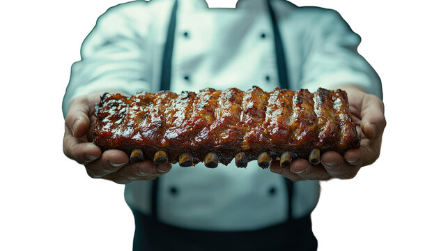 A person dressed in a white chef's coat and black apron is holding a large, freshly prepared rack of barbeque ribs