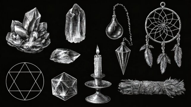 A hand-drawn sketch shows a variety of occult symbols including crystals, a pendulum, a dream catcher, and a candle in a candlestick.