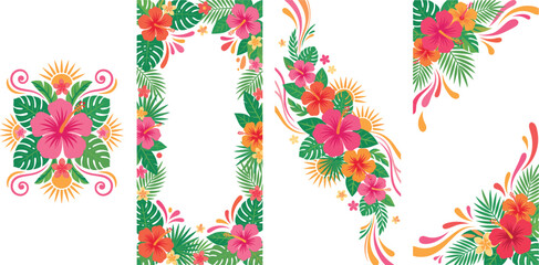 Tropical aloha hibiscus flower and monstera leaf colorful vector vertical frame set with diverse exotic border templates and corner swags © Mdmojaharul