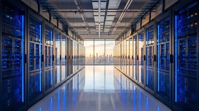 Enterprise data center server room with glowing blue racks overlooking a modern city skyline representing cloud computing infrastructure
