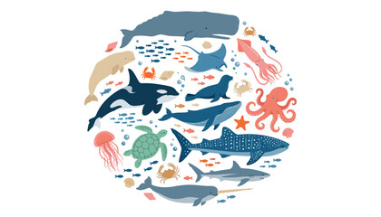 Sea life and marine animal circle concept vector illustration set with whale shark octopus sea turtle and narwhal © moinul