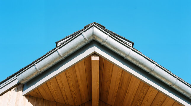 Triangular gable roof section with metal gutters and wooden soffit against a clear, bright blue sky, architectural detail view