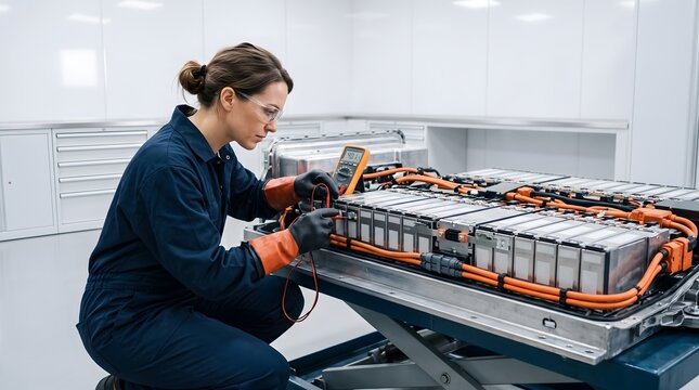 Female engineer testing electric vehicle battery in high tech lab