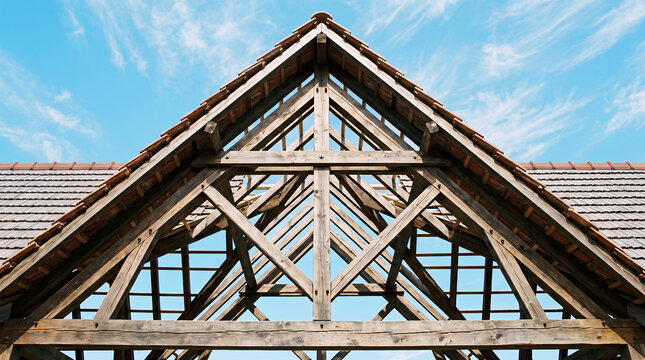Triangular wooden roof truss structure with brown clay tiles against a clear blue sky, architectural framing of a building gable