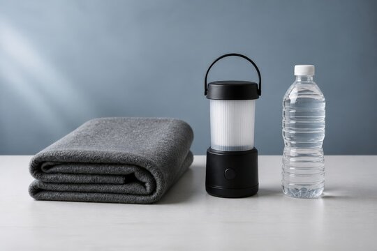 Community flood preparedness shelter supplies with a folded blanket and lantern beside sealed water