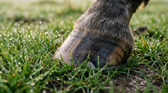 Horse hoof on wet grass