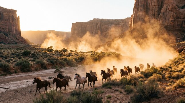 Wild horses running in a desert canyon