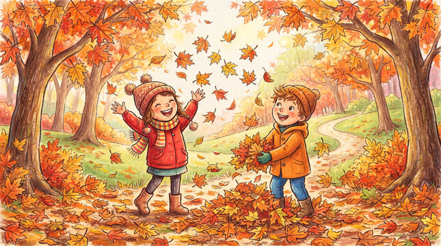 Happy Siblings Having Fun in a Vibrant Fall Forest, Crayola Style Colored Pencil Drawing