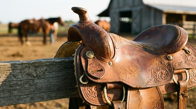 Western leather saddle on a fence