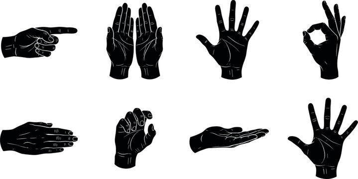 Linocut Style Hand Gestures Vector Silhouette Set Featuring Palmistry Lines Pointing OK Sign Open Palms and Cupped Hand Elements