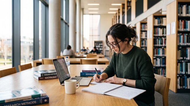 Focused female college student studying and writing notes in university library