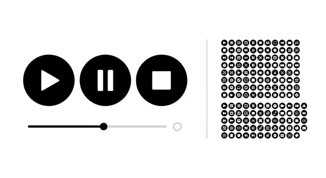 Video player controls with play, pause, and stop icons beside a dotted grid graphic.