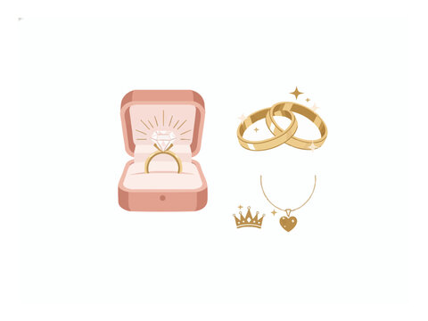 Sparkling diamond wedding engagement rings interlocking gold bands and velvet box set, isolated on white background