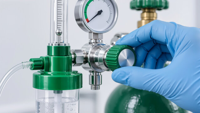 Gloved Hand of Medical Professional Adjusting Oxygen Tank Pressure Gauge and Flowmeter Regulator in Hospital