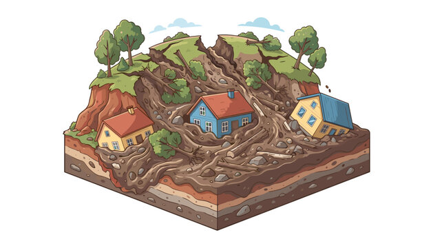 Isometric landslide natural disaster vector illustration with mudflow destroying houses broken trees mud and eroded cross section soil