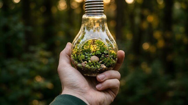 Small forest ecosystem inside a glass light bulb held in a hand with terrarium ecosystem miniature greenery sustainability creative