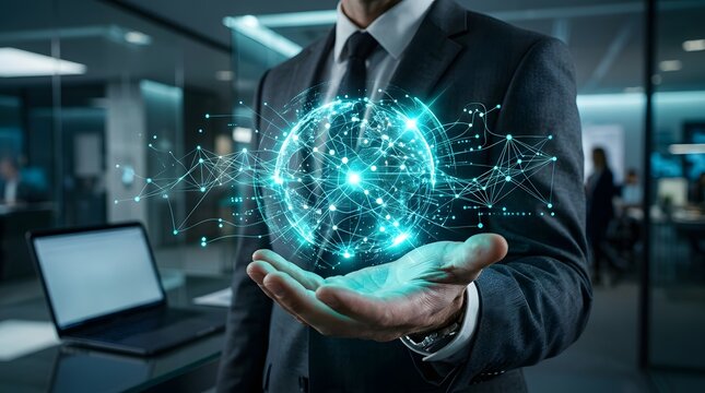 Businessman holding a glowing digital globe hologram in his hand with business hologram technology networking communication corporate