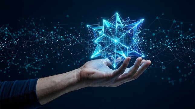 Hand holding a glowing blue digital snowflake hologram on a dark background with snowflake hologram technology innovation abstract