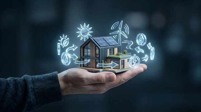 Hand holding a miniature house model surrounded by glowing renewable energy icons with green energy solar power wind turbine smart home