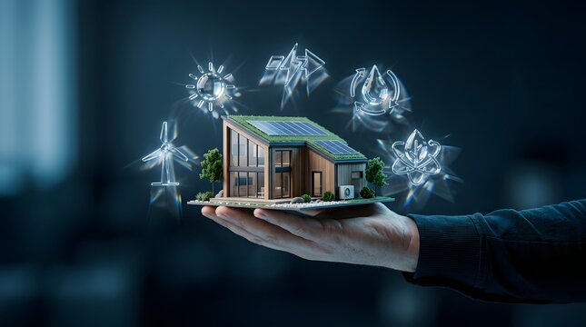 Close up of a hand holding a miniature eco friendly house with digital green icons renewable energy sustainable home smart home
