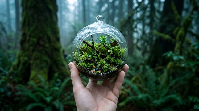 Hand holding a decorative glass sphere terrarium filled with moss in a deep forest glass globe eco system miniature garden plant life
