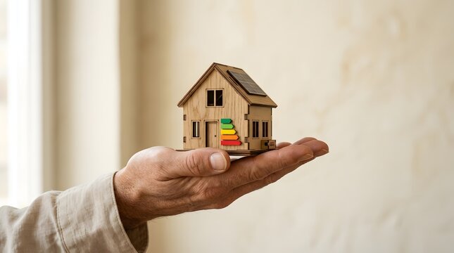 Person holding a small model wooden house with energy efficiency rating sticker home energy sustainable living green energy home owner