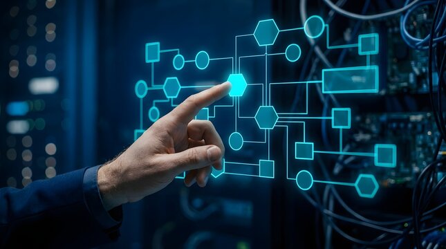 Hand interacting with digital workflow diagram interface in server environment business process server room data center network visual