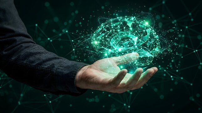Hand holding a glowing digital human brain model formed by data nodes with artificial intelligence neural network machine learning