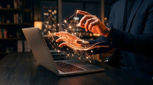 Businessman interacting with a glowing digital wireframe data network hologram above a laptop artificial intelligence data visualization