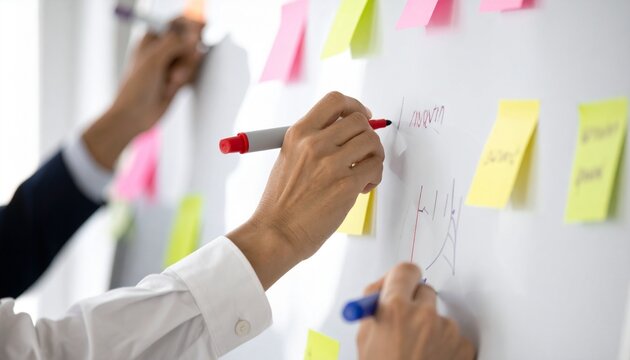 Team Brainstorming Session with Sticky Notes and Whiteboard