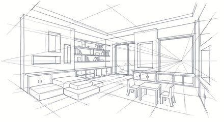 Fototapeta premium Professional Black and White Line Drawing of Modern Minimalist Living Room with Built in Furniture Sofa Bookshelves and Study Area