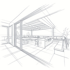 Fototapeta premium Sleek Black and White Sketch of Modern Minimalist Office Space with Workstations and Large Windows