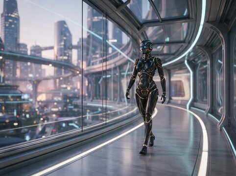 Sleek Black and Gold Humanoid Robot Walking Through a Futuristic Glass Corridor with a City View at Dusk
