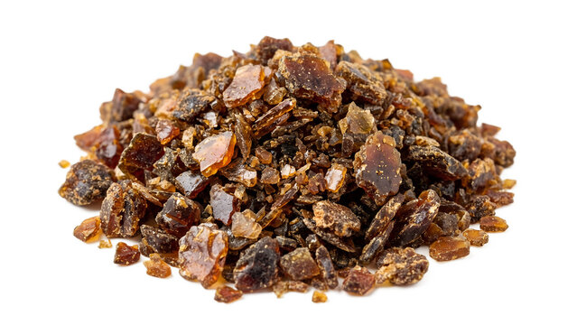 Pile of brown shellac flakes on a transparent background