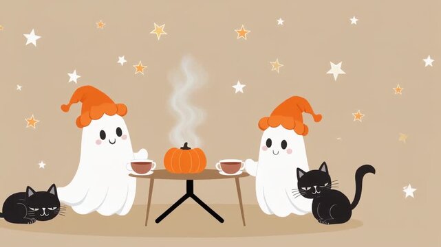 Cute white ghosts wearing orange pumpkin hats sitting around table drinking tea with pumpkin and black cats cozy Halloween loop