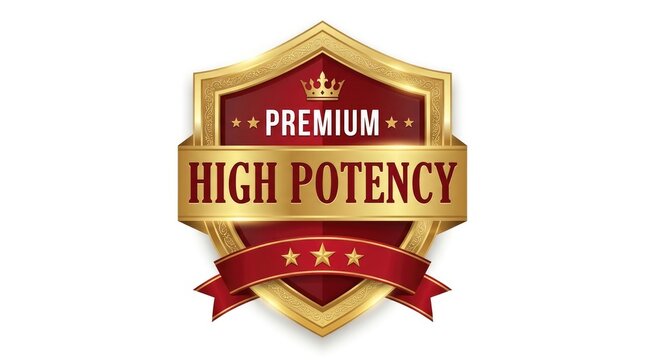 Gold and red premium quality badge with potency ribbon