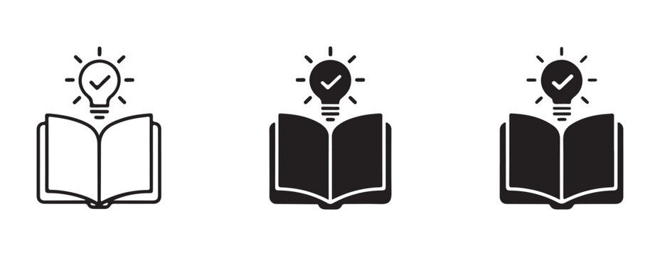 Open book with lightbulb and check mark symbol linear and glyph vector icon set for learning ideas.