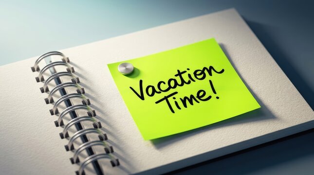 Bright sticky note marking vacation time on spiral bound notebook page