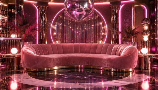 Glamorous pink velvet sofa in neon illuminated luxury lounge
