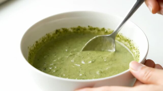 Close-up of green soup with silver spoon and green broth stirring in a white bowl