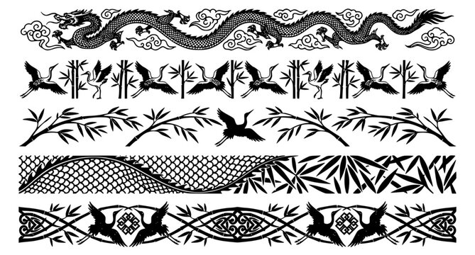 Chinese continuous scroll border patterns with dragon crane and bamboo black white vector collection