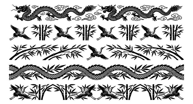 Chinese continuous scroll border patterns with dragon crane and bamboo black white vector collection