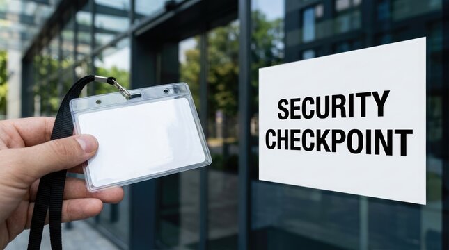 Person holding empty badge at security checkpoint near modern building entrance