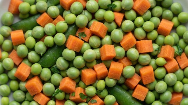 Fresh chopped vegetables with peas and carrots on dark surface